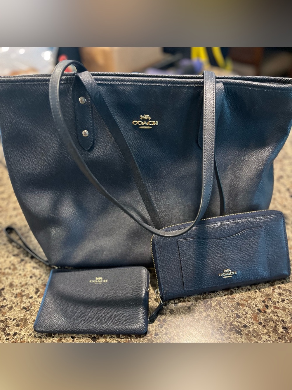 Coach Navy Leather Tote with Matching Wallets